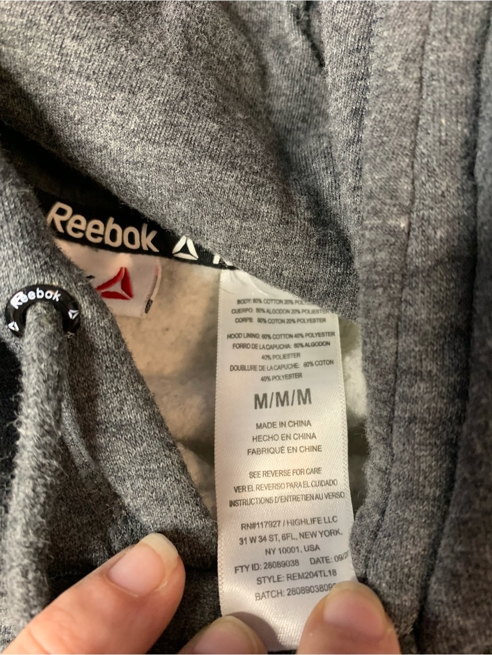 Reebok Men’s Heathered Grey Delta Logo Pullover Fleece Hoodie - Size Medium - Picture 4 of 7
